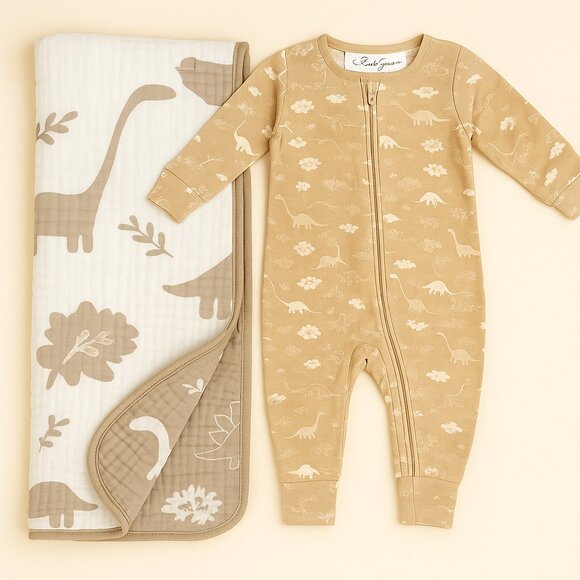Baby Dino Bamboo Onesie + Double-Sided Muslin Blanket Bundle (NEW!) - Picture 1 of 2